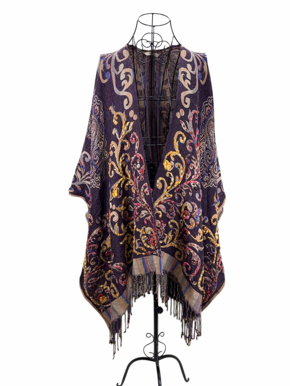 Soft Surroundings Purple Embroidered Boho Open Poncho Wrap Fringe